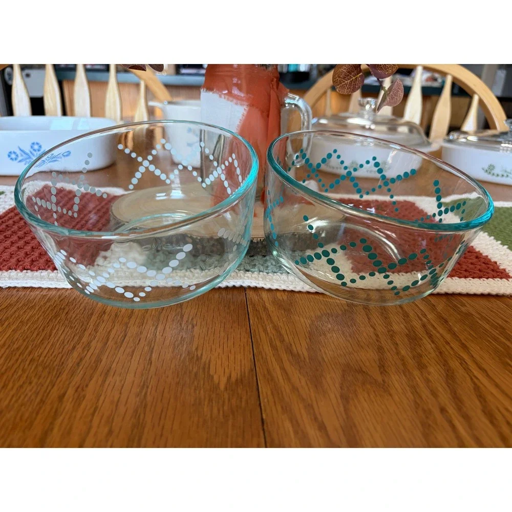 Pyrex Dotted Trellis Glass Bowls Set of 2 White and Teal 6 Inch Round Storage